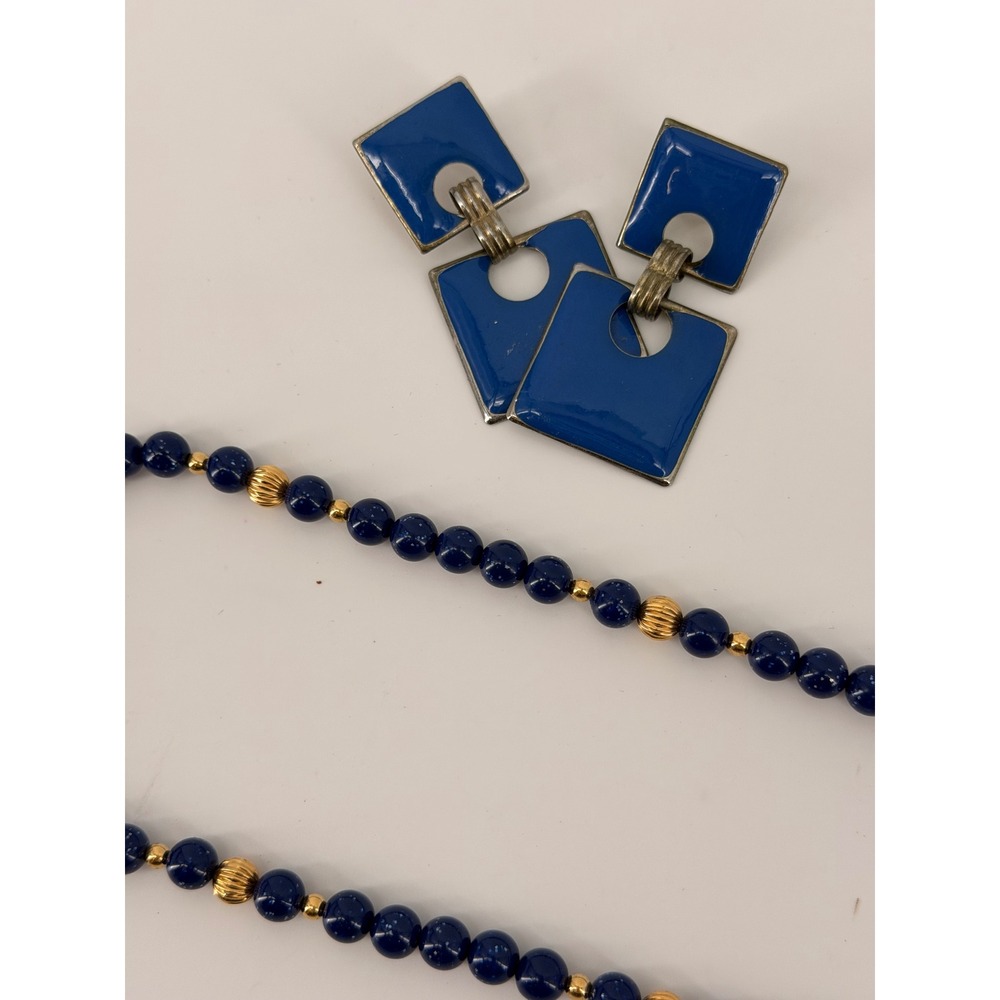 Vintage Cobalt Blue Beaded Necklace and Enamel Geometric Drop Earrings Set